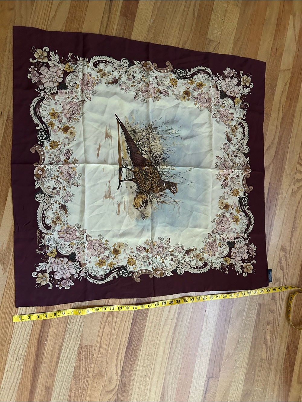 Vintage Polo Ralph Lauren Pheasant  Silk Scarf - Burgundy & Cream